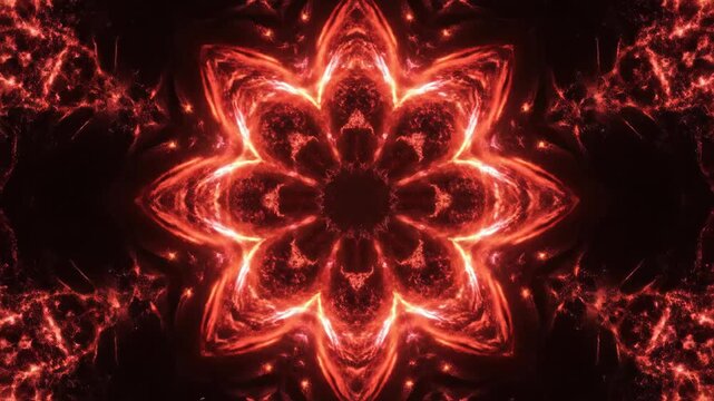 Dynamic abstract fiery kaleidoscope pattern creating a mesmerizing mandala loop background with vibrant energy.
