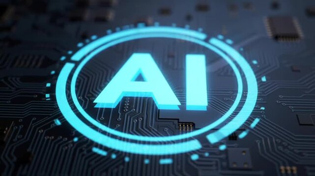 Artificial intelligence AI logo on glowing blue circuit board.