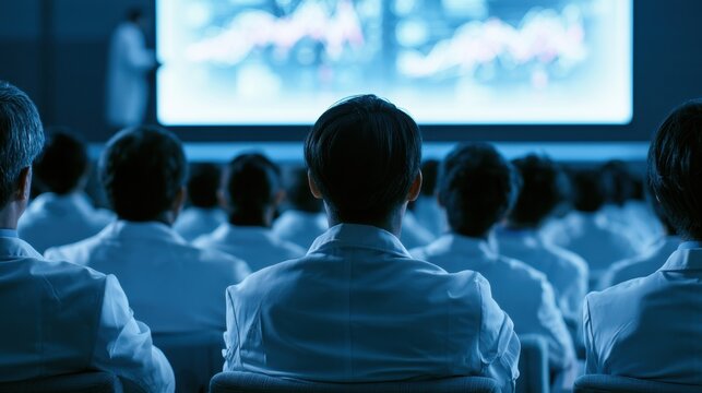 대형 스크린의 프레젠테이션을 시청하며 의료 심포지엄에 참석한 한국 의사들의 뒷모습