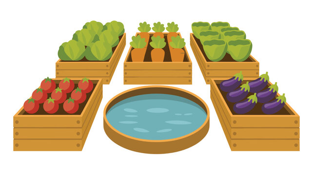 Wooden crates filled with fresh garden produce including tomatoes carrots lettuce and eggplants arranged around a central circular pond for agricultural and farming display concepts.