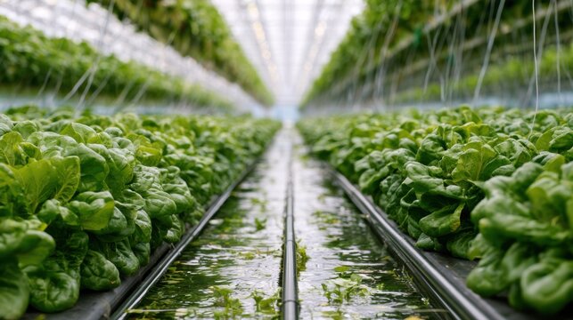 Endless rows lettuce in hydroponic channels, crisp green heads align in nutrientrich troughs under diffused glass roof, modern farming facility emphasizes efficiency, clean lines, controlledclimate