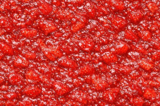 Fresh strawberry jam texture background with juicy berry pieces and glossy sweet fruit surface