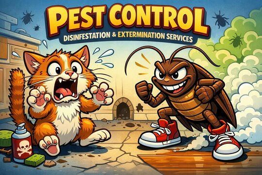 Funny pest control cartoon poster with scared cat and cockroach extermination service illustration