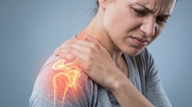 Close up of a woman holding her painful shoulder with a glowing 3D joint overlay, medical concept.