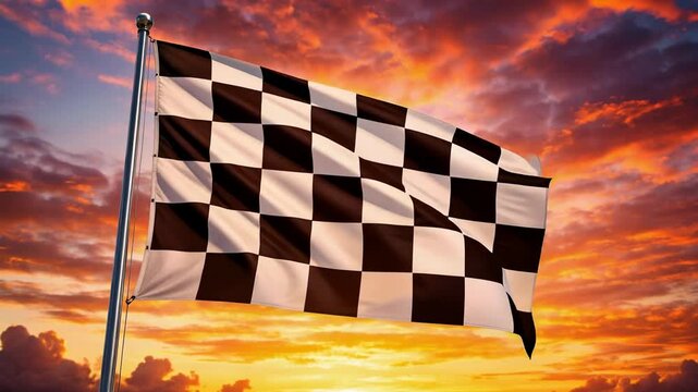 Checkered racing flag waving against dramatic sunset sky symbolizing victory and motorsport competition