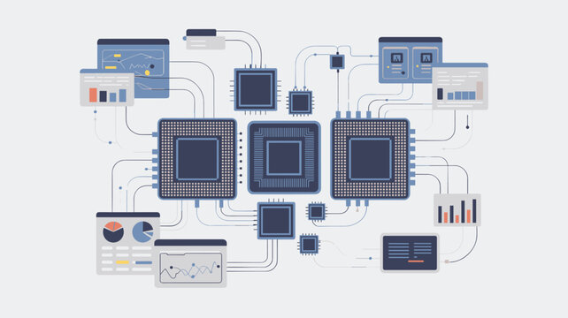 Central processing units and computer chips connect to data charts and network nodes, forming digital technology and information systems.