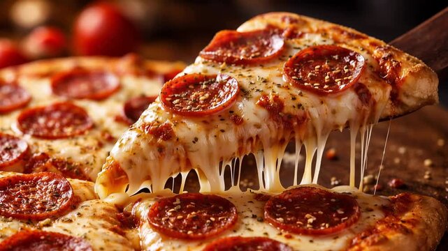 Delicious pepperoni pizza slice with melted cheese stretching from freshly baked Italian pie