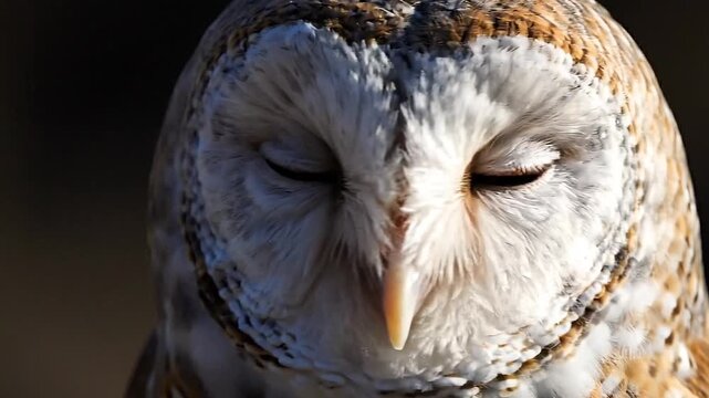 Extreme closeup of tawny owl Strix aluco sleeping with closed eyes under soft natural sunlight, detailed white and brown facial disc feathers against dark blurry background, peaceful wildlife concept