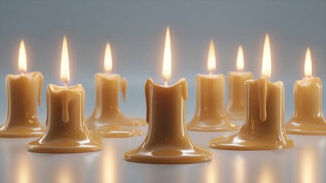 A row of melting candles with glowing flames, warm colors, and a smooth, reflective surface
