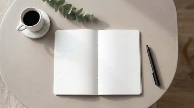 Minimalist desk setup with open notebook, coffee cup, and pen, top view