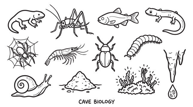 Cave biology and underground ecosystem animals icons.