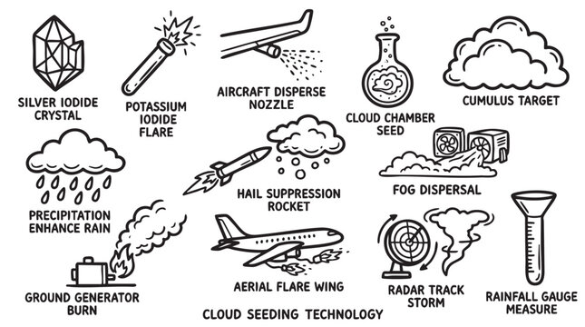 Cloud seeding technology icons set for meteorological weather research.
