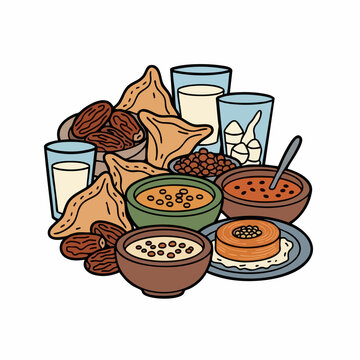 Traditional Iftar meal illustration for Ramadan celebration.