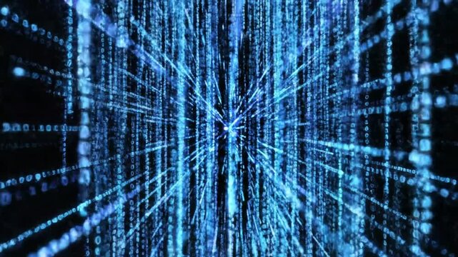 Blue digital rain particles falling in dark space.