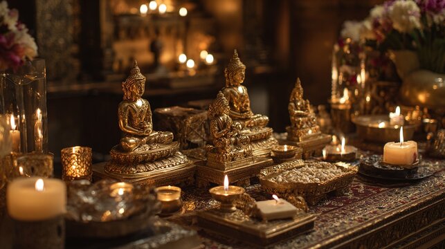 devotional. Gold-plated idols arranged on an altar with surrounding candles. event programs, museum guides, designed for cultural heritage projects and event programs.