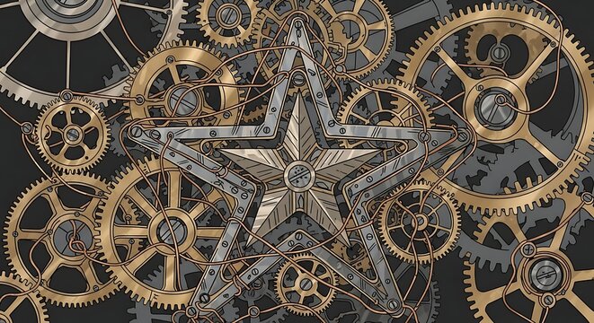 Steampunk mechanical star with interlocking gears and cogs in metallic bronze tones