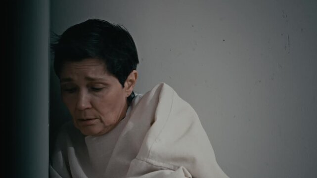 Medium closeup of middle aged Caucasian woman wearing straitjacket leaning against wall in psychiatric clinic, looking around with fear. Ideal for mental health documentaries or medical drama series