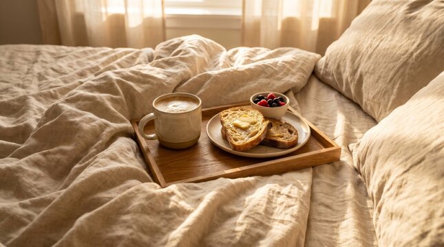 Breakfast on wooden tray with coffee, toast and berry served on linen bed sheet. Morning sunlight in bedroom. Cozy relaxation, slow lifestyle and home leisure concept for lazy day.