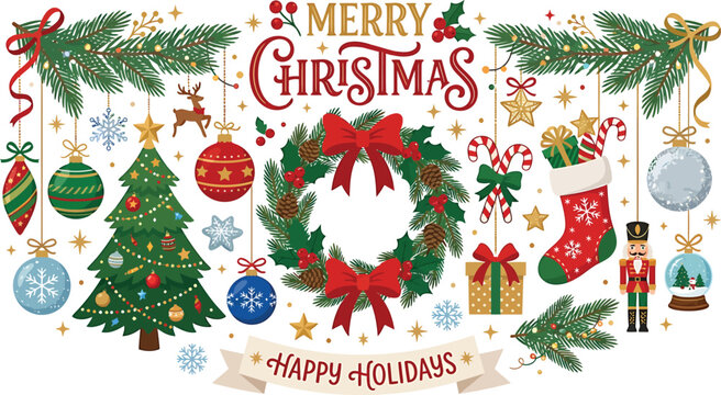 Merry christmas and happy holidays festive decorations collection with christmas holidays decoration ornament celebration stocking nutcracker background greetings