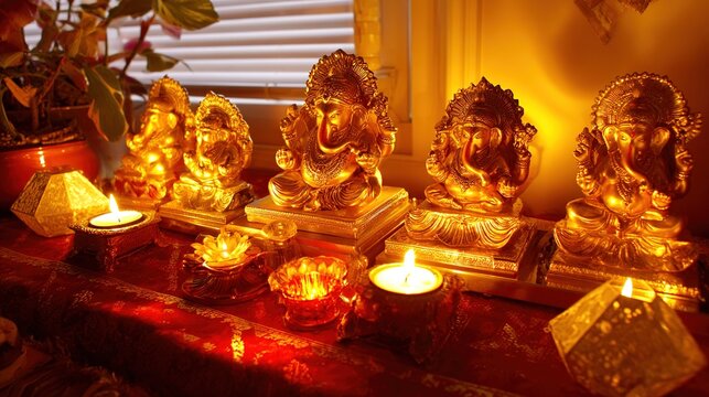devotional. Gold-plated idols arranged on an altar with surrounding candles. event programs, museum guides, designed for cultural heritage projects and event programs.