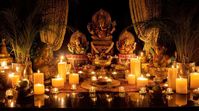devotional. Gold-plated idols arranged on an altar with surrounding candles. event programs, museum guides, designed for cultural heritage projects and event programs.