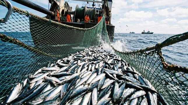 Fishing trawler deck filled with silvery fish piled in a net, water splashing over the catch, crew at work, seabirds flying above open sea with distant boats