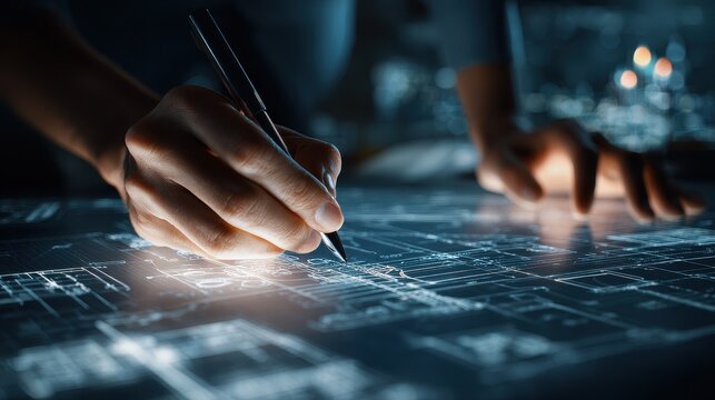 Software architect analyzing system maps, modern realism, soft shadows, high resolution photo style, innovation theme.