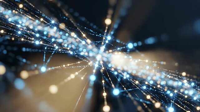 A digital network of glowing blue and gold lights spreads out in the darkness.