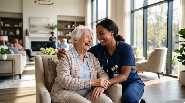 Smiling nurse in scrubs with stethoscope hugs an elderly woman in an armchair, holding hands in a bright care facility lounge with large windows and seated residents