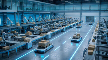 Fototapeta premium Automated Warehouse Robots Transport Packages