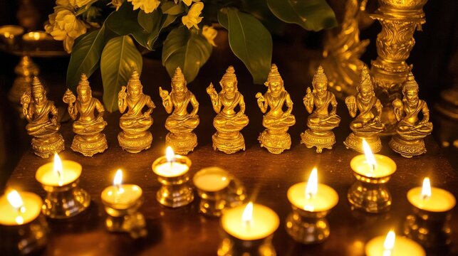 devotional. Gold-plated idols arranged on an altar with surrounding candles. event programs, museum guides, designed for cultural heritage projects and event programs.