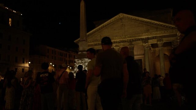 Visitors Silhouetted Against Pantheon Facade at Night in Rome Italy Ancient Roman Landmark Shot with Cinema Camera