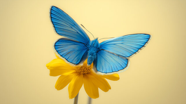 Macro shot of a blue butterfly with open wings on yellow flower