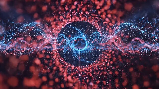 A digital landscape of glowing particles forms a wave pattern against a dark background.