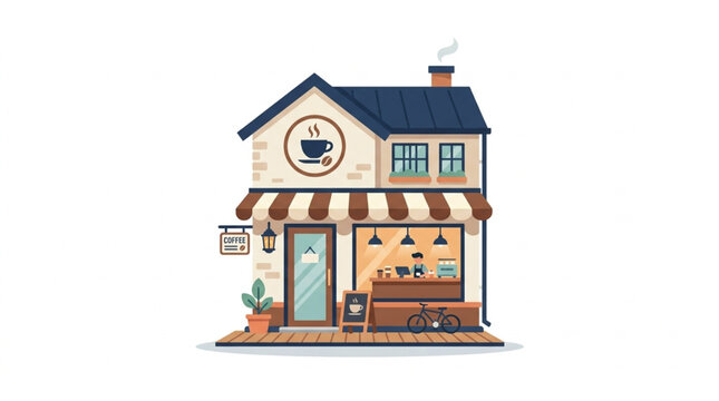 Cozy Coffee Shop Building Exterior Facade Illustration.