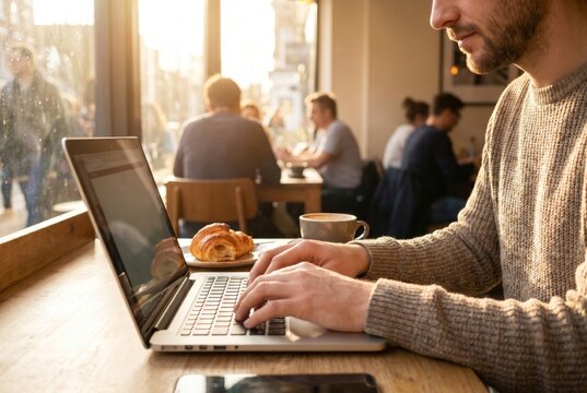 Freelancer typing on laptop in cafe with croissant and coffee for breakfast. Remote work lifestyle, digital nomad working at morning in urban coffee shop. Productive worker in sunlight.