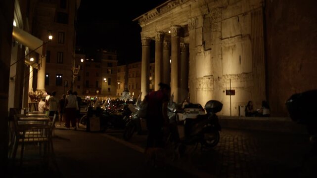 Pantheon Facade and Night Street Scene With Visitors in Rome Italy Ancient Roman Landmark Shot with Cinema Camera