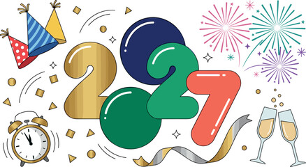 Fototapeta premium 2027 Happy New Year Eve Celebration with Colorful Numbers, Fireworks, Champagne Glasses, Party Hats, Midnight Clock and Confetti for Holiday Greeting Card, Festive Party and Annual Countdown