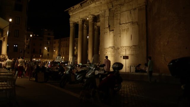 Pantheon Temple Entrance and Evening Piazza Atmosphere at Night in Rome Italy Historic Landmark Shot with Cinema Camera