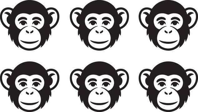Setofsixsmilingmonkeyfacesinvariousexpressionsonwhitebackground