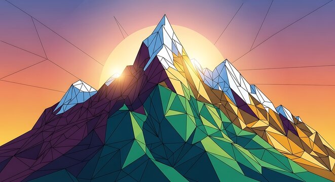 Geometric mountain landscape with triangular polygons sunset background