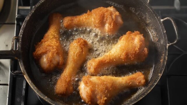 Overhead View of Golden Fried Chicken Drumsticks Sizzling in Hot Oil with Rising Steam