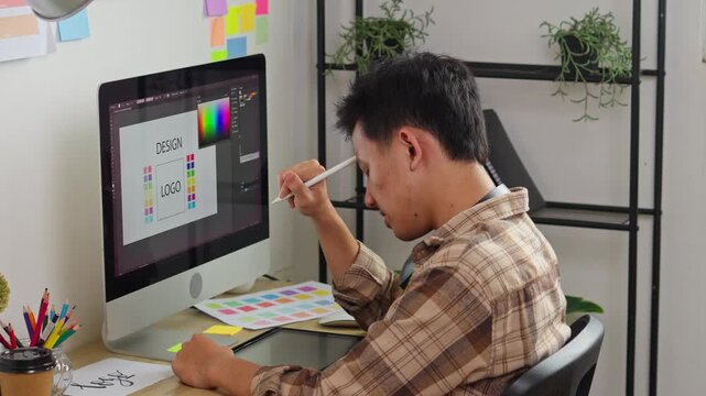 Exhausted professional illustrator drawing struggling with burnout and strict project deadlines