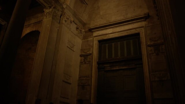 Architectural Detail of Pantheon Entrance and Ancient Roman Columns at Night in Rome Italy Shot with Cinema Camera