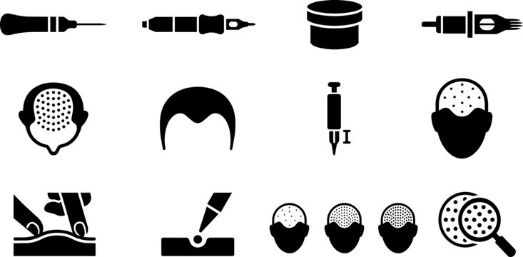 Scalp Micropigmentation Procedure Silhouette Icon Set - SMP Needles Hairline Design and Pigment Techniques