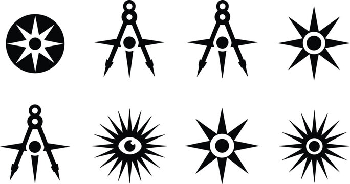 Black and white starburst compass navigation icons on white background