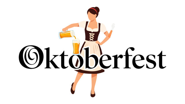 Oktoberfest Celebration: A woman in traditional attire pours a frothy beer into a glass, set against the festive backdrop of the Oktoberfest text, inviting revelry and good cheer.