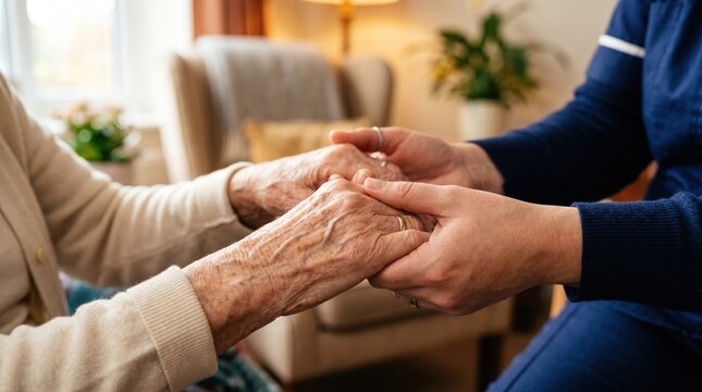 Close-up of a caregiver holding an elderly person&rsquo;s wrinkled hands in a cozy home setting, showing compassion, support, and senior care during a gentle moment
