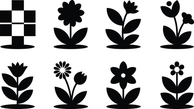 Black silhouettes of various flowers and a checkered flag on white background