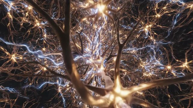 Detailed animation of human brain activity, showing electrical impulses flowing through complex neural networks.